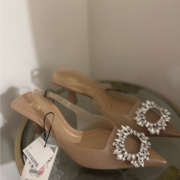 Zara Shoes - Zara Beige Heels with Crystal Embellishments
